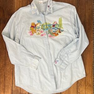 Disney Winnie Pooh artist embroidered vintage chambray, denim button down Shirt